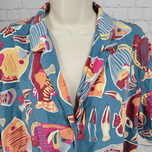 Patagonia Blue Tidal Threads Button Up Short Sleeve Collared Shirt Top Large L - Picture 5 of 12